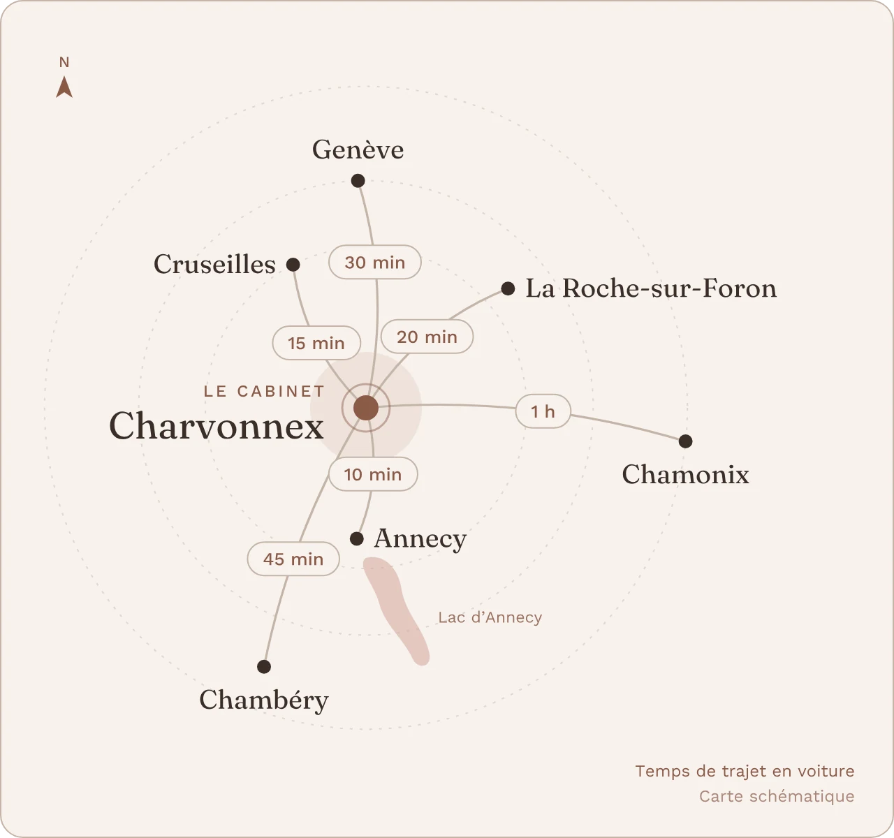 Carte du cabinet de Médecine Traditionnelle Chinoise à Charvonnex, en Haute-Savoie : 10 minutes d'Annecy, 15 minutes de Cruseilles, 20 minutes de La Roche-sur-Foron, 30 minutes de Genève, 45 minutes de Chambéry et 1 heure de Chamonix